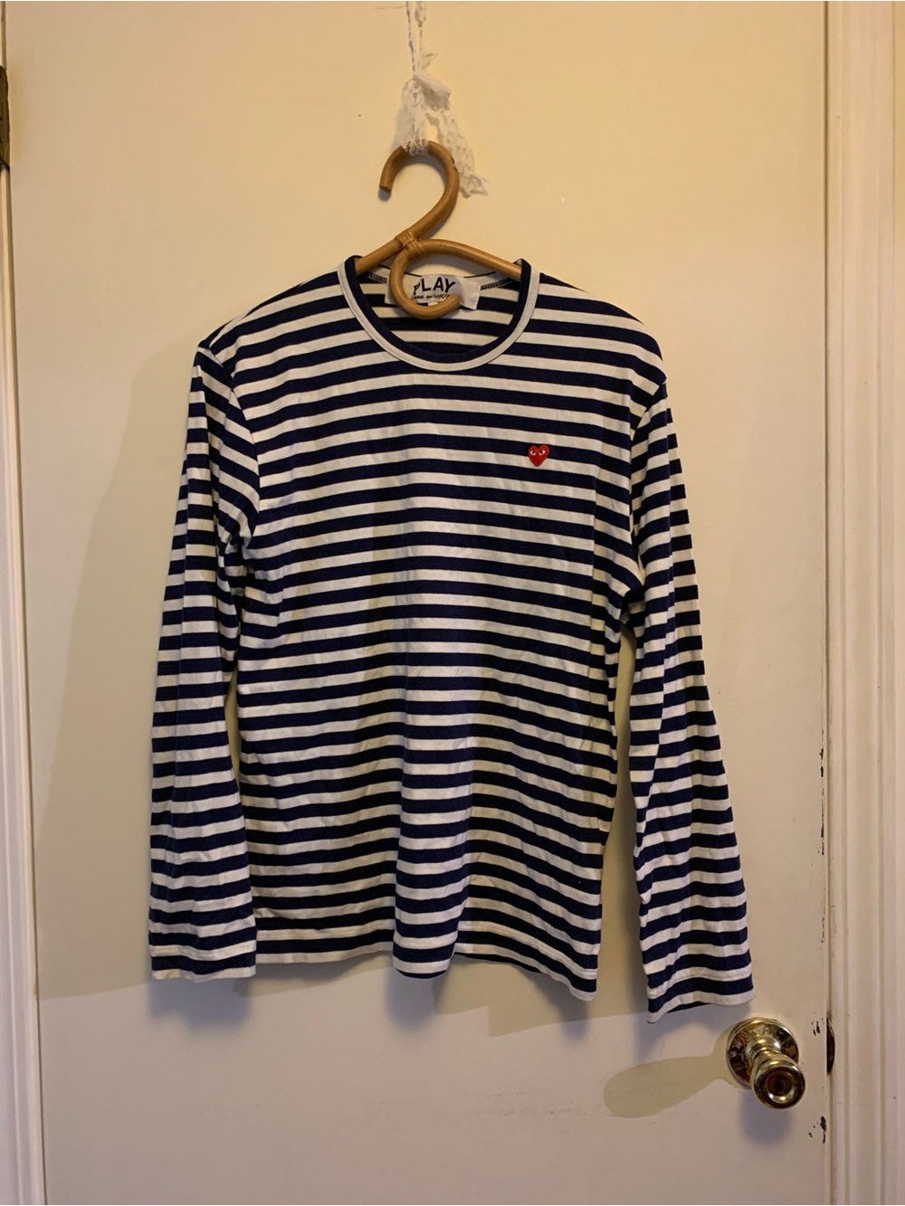 Comme des Garçons Navy & White Striped Long-Sleeve Tee with Red Heart